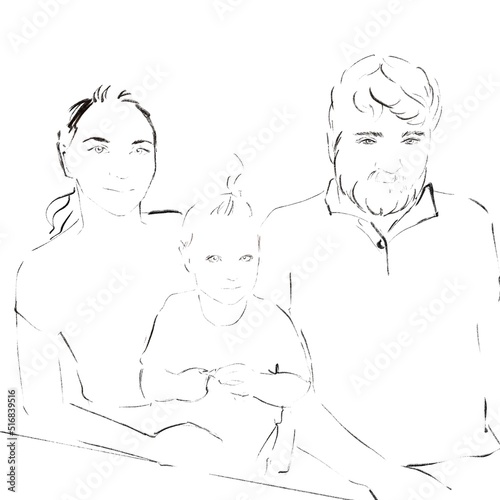 Family members illustration Portraits of father, mother, and child.Sketch Illustration for coloring 