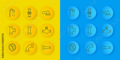 Set line Water meter, Industry metallic pipe, and valve, Shower, tap and icon. Vector