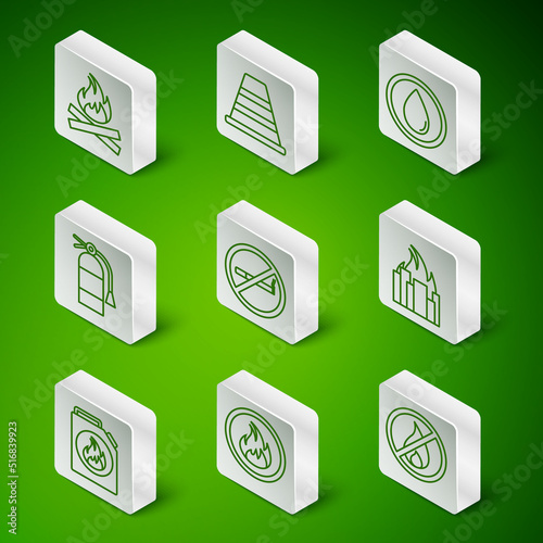Set line No fire, Fire flame, Campfire, Smoking, extinguisher, Traffic cone, Canister for flammable liquids and burning buildings icon. Vector