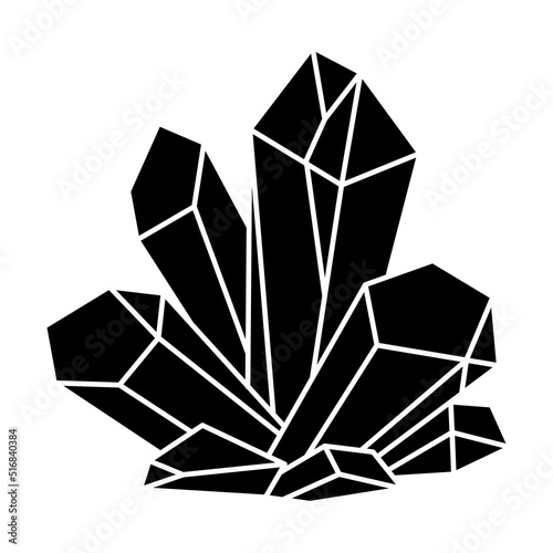 Quartz crystal isolated on white background. Black silhouette crystal cluster icon, mineral, diamond.