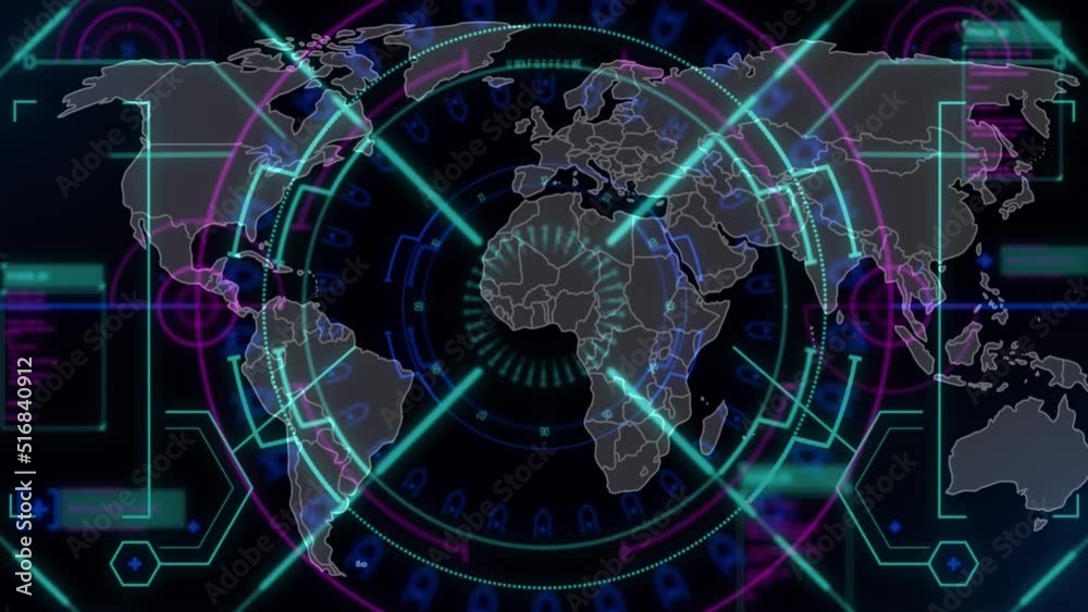 Animation of scope scanning and world map on black background