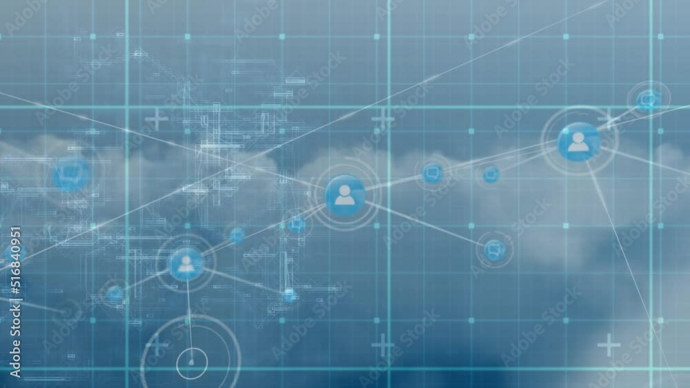 Animation of data processing over clouds and blue background Animation of data processing over clouds and blue background