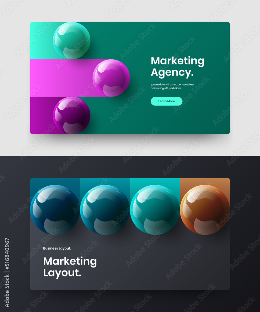 Simple corporate identity design vector template collection. Amazing 3D spheres landing page illustration composition.