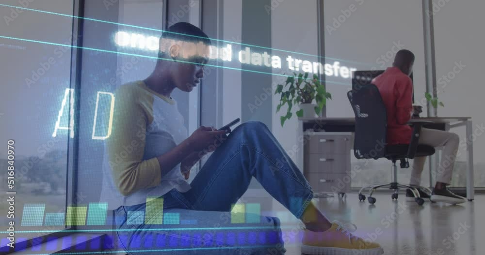 Animation of data processing over african american businesswoman using smartphone Animation of data processing over african american businesswoman using smartphone