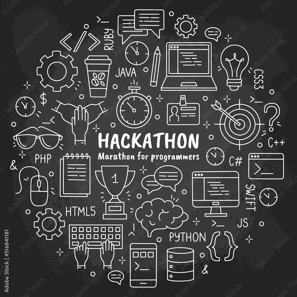 Hackathon and datathon hand drawn chalk icons set on the blackboard in ...