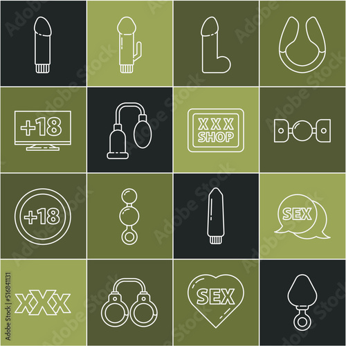 Set line Anal plug, Speech bubble with Sex, Silicone ball gag belt, Dildo vibrator, Penis pump, Monitor 18 plus content, and shop icon. Vector