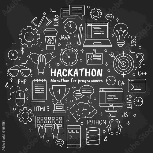 Hackathon and datathon hand drawn chalk icons set on the blackboard in Doodle sketch style. Vector circle concept for the event for developers, programmers and managers on a black background