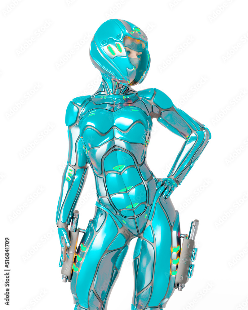 astronaut girl on sci-fi suit is watching