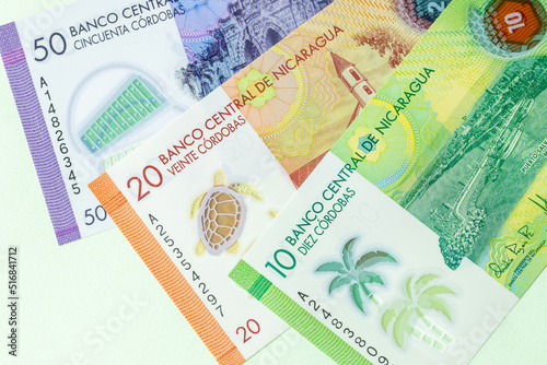 Nicaragua money, Cordobas banknotes, Creative business and finance concept, flat lay photo