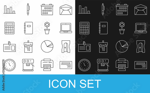 Set line Business card, Pencil sharpener, Laptop, Calendar, Spiral notebook, Calculator, Pie chart infographic and Flower pot icon. Vector
