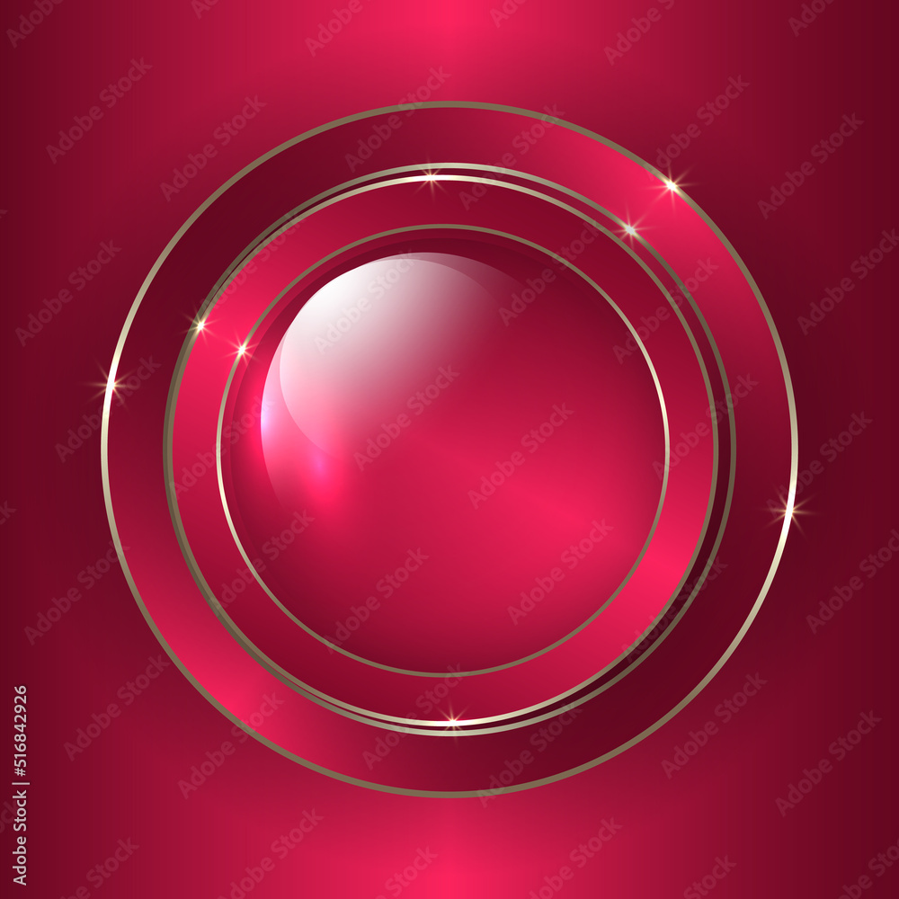 Red and gold 3D circle button. Elegant 3D circle design with golden lines. Crimson abstract geometric background. Vector illustration