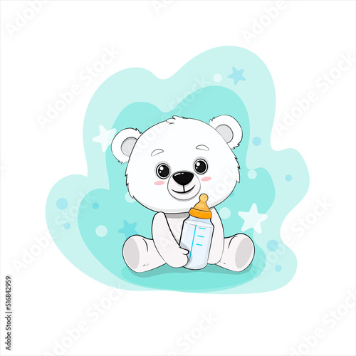 Cute cartoon polar bear cub on a blue background. Teddy bear with a bottle of milk.Vector illustration  