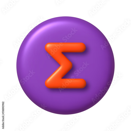 Math 3D icon. Orange sum sign on purple round button. 3d realistic design element.