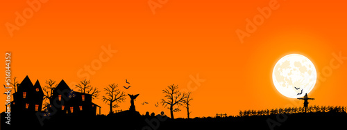Halloween 2022. City panorama in halloween style. Scary halloween isolated background. Orange and yellow background. Vector illustration.