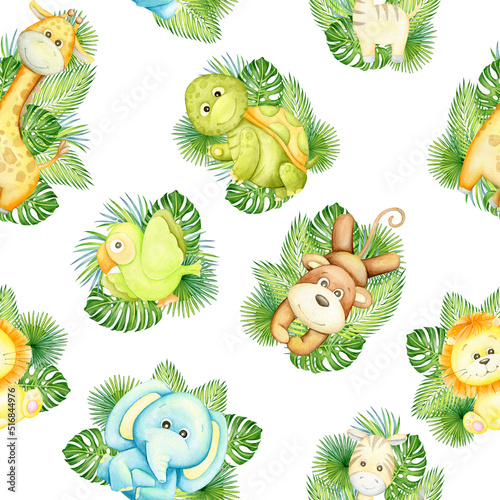 Elephant  turtle  lion  leopard  monkey  Zebra  parrot  Pelican. Tropical animals on an isolated background. Watercolor seamless pattern.