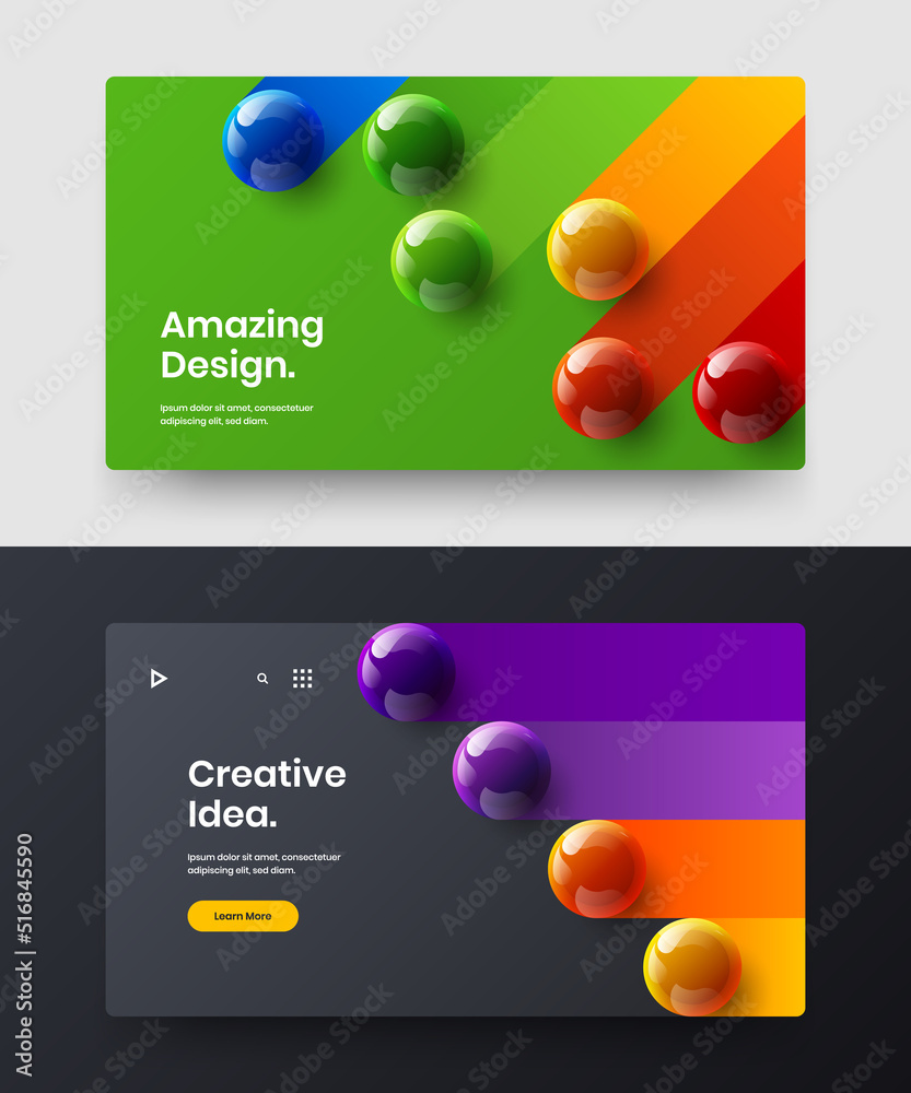 Isolated 3D spheres horizontal cover layout set. Bright placard vector design template collection. Isolated 3D spheres horizontal cover layout set. Bright placard vector design template collection.