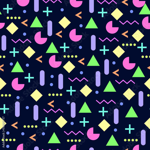 Seamless pattern of bright abstract figures. Vector. Blue background.