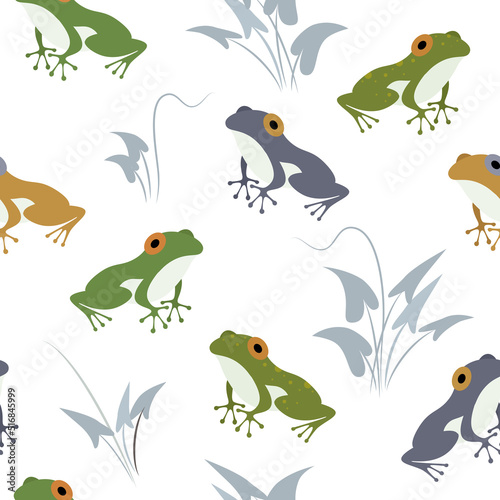 Colorful frogs on a white background. Seamless vector pattern.