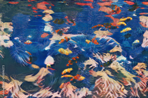 Fototapeta Naklejka Na Ścianę i Meble -  Large aquarium saltwater tank with bright, vibrant colors, Clown Fish, and other corral fish.  Edited to look like a colorful painting. 