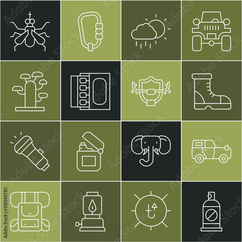 Set line Spray against insects, Off road car, Hunter boots, Cloud with rain, Matchbox and matches, African tree, Mosquito and Deer antlers on shield icon. Vector