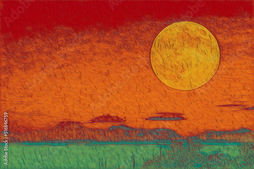 View of the moon rising over mountains in New Mexico with southwest color flare.  Edited to create a painted abstract painting or illustration. 