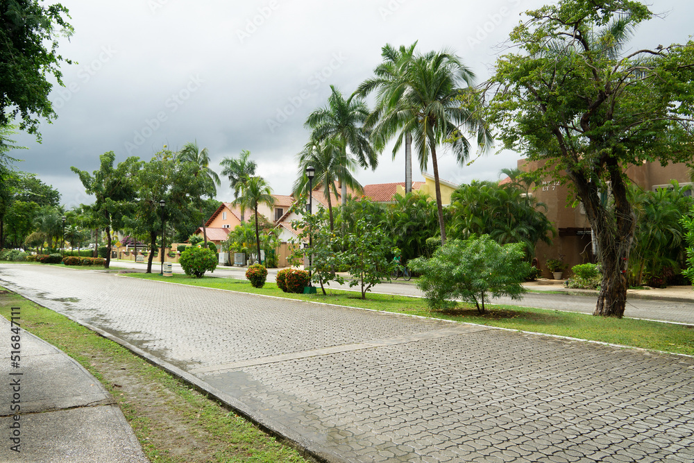 Road and walking path in a luxury residential complex. Behind the palm trees and manicured lawn, houses are visible. Expensive homes in tropical in cloudy weather.