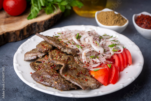 Traditional Turkish Liver kebab cuisine. Leaf Liver spicy. Delicious turkish ciger. (Turkish name; yaprak ciger)