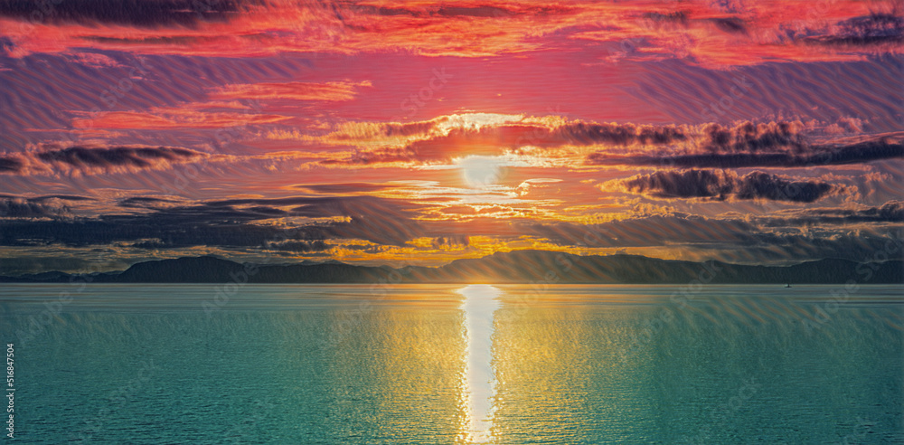 Vivid sunset over turquoise water edited to look like an acrylic painting.  The sun is a mix of pinks and purples and the silhouette of rolling hills. 