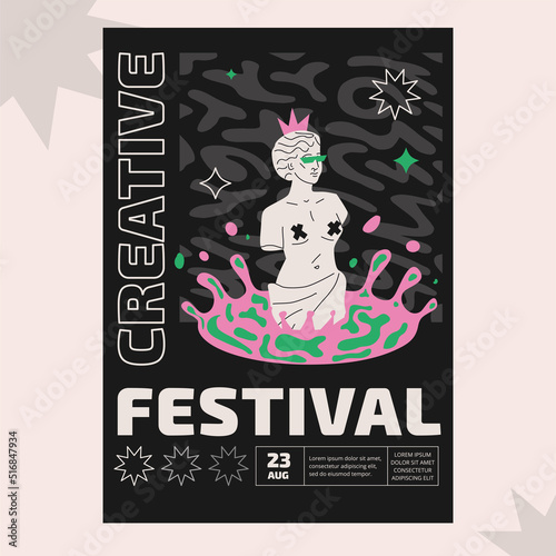 A creative poster with a stylized antique statue surrounded by multicolored spots and splashes.