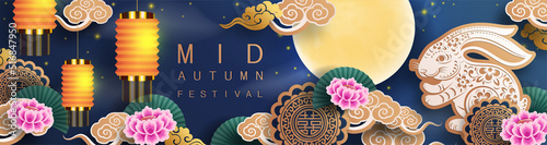 Mid Autumn festival with rabbit and moon, mooncake ,flower,chinese lanterns with gold paper cut style on color Background. ( Chinese Translation : Mid Autumn festival )
