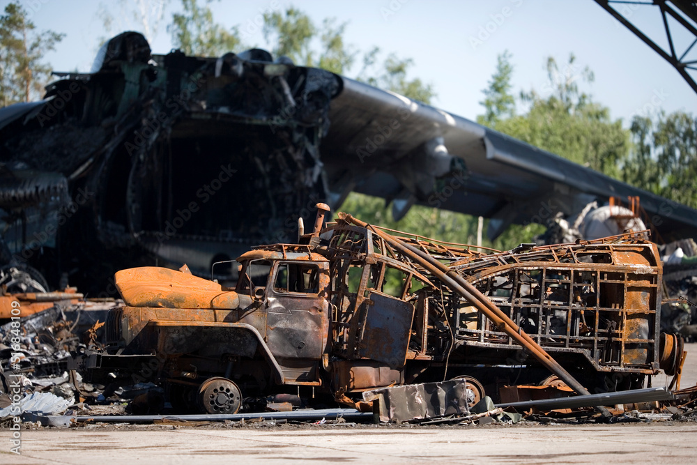 The destroyed airfield. city of Gostomel. Destroyed plane Mriya. Ukraine 