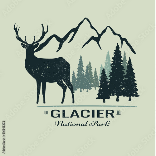 Elk silhouette in the wild. Park Glacier emblem. Against the backdrop of wild forest and mountains.Vector vintage image