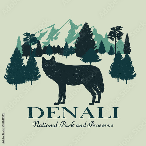 Wolf silhouette in the wild. The emblem of the reserve Denali. Vector image in vintage style.