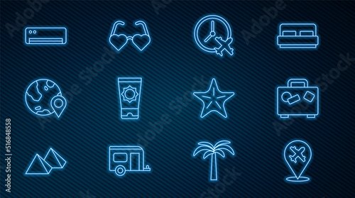 Set line Plane, Suitcase, Clock with airplane, Sunscreen cream in tube, Location on the globe, Air conditioner, Starfish and Heart shaped love glasses icon. Vector