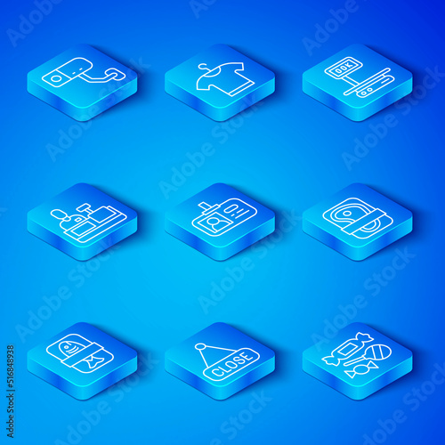 Set line Fish plastic tray container, Identification badge, Hanging sign with Closed, Meat packaging steak, Electronic scales, Cashier cash register, Security camera and Candy icon. Vector