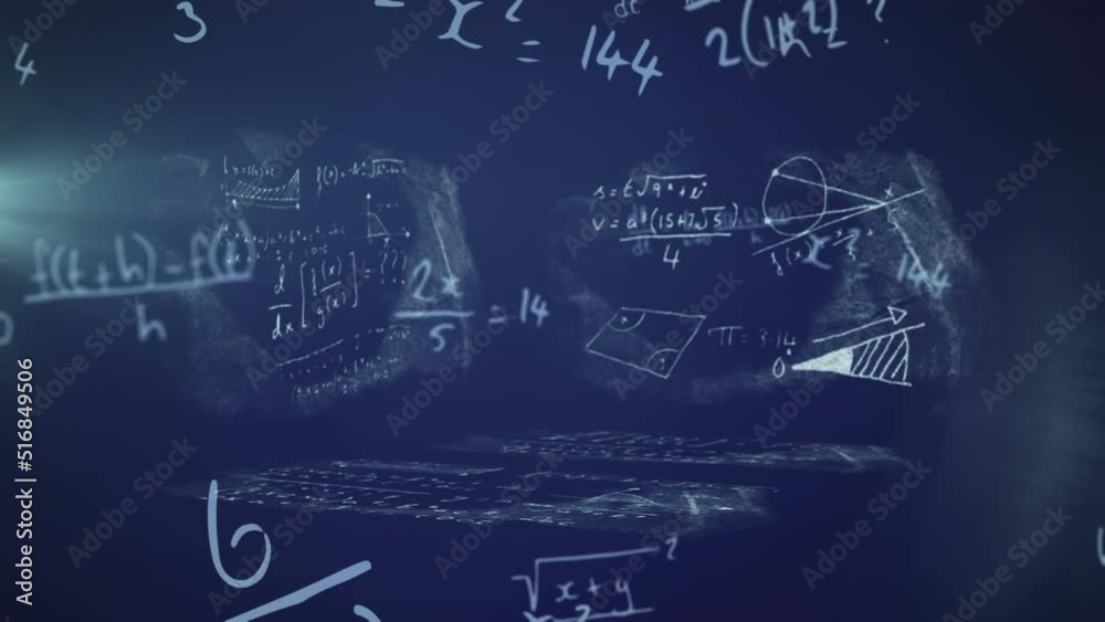 Animation of math formulas and graphs on navy background Animation of math formulas and graphs on navy background