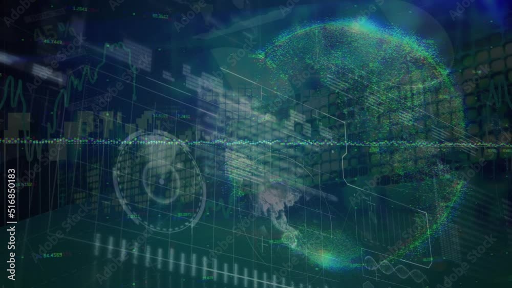 Animation of data processing and globe on black background Animation of data processing and globe on black background