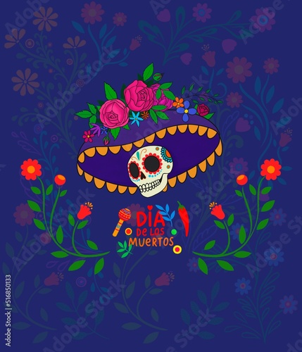 Dia de los Muertos tattoo background. Day of the dead and Halloween. Mexican tradition, festival. Day of the dead Woman make up of sugar skull. Fiesta, Halloween holiday poster, party flyer.