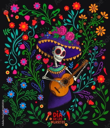 Dia de los Muertos tattoo background. Day of the dead and Halloween. Mexican tradition, festival. Day of the dead Woman make up of sugar skull. Fiesta, Halloween holiday poster, party flyer.