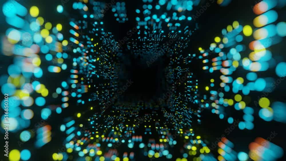 Fly through technology cyberspace with neon glow. Sci-fi flight through hi-tech technology tunnel. Hologram and neon light. 3d looped seamless 4k bright background. Data flow