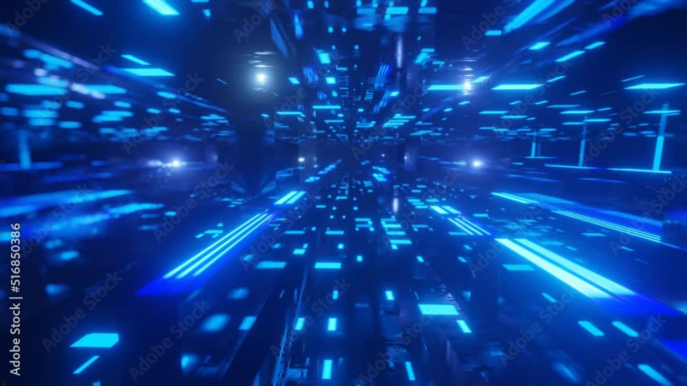 Fly through technology cyberspace with neon glow. Sci-fi flight through hi-tech technology tunnel. Hologram and neon light. 3d looped seamless 4k bright background. Data flow, metal blocks in the air