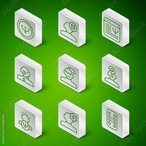 Set line Sedative pills, Solution problem in psychology, Psychology, Concussion, headache, Tear cry eye, and Human with question mark icon. Vector