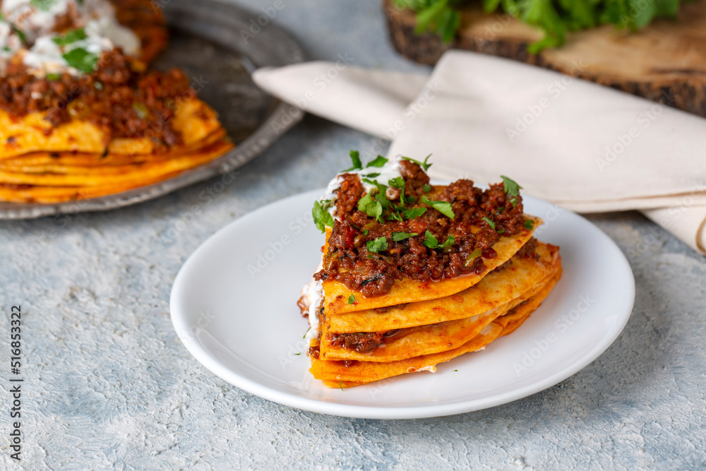 Turkish Food Kayseri Yaglama with Minced Meat, Yogurt and Tomato Paste Turkish Food Kayseri Yaglama with Minced Meat, Yogurt and Tomato Paste