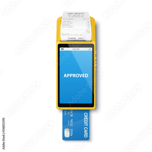 Vector 3d Red NFC Payment Machine, Credit Payment Card, Receipt Isolated. Wi-fi, Wireless Payment. POS Terminal, Machine Design Template of Bank Payment Contactless Terminal, Mockup. Top VIew