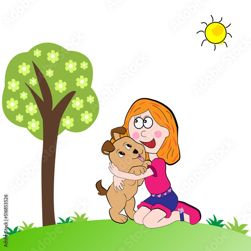 Niña abrazando a su perro en el campo.