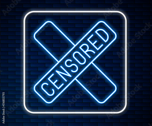 Glowing neon line Censored stamp icon isolated on brick wall background. Vector