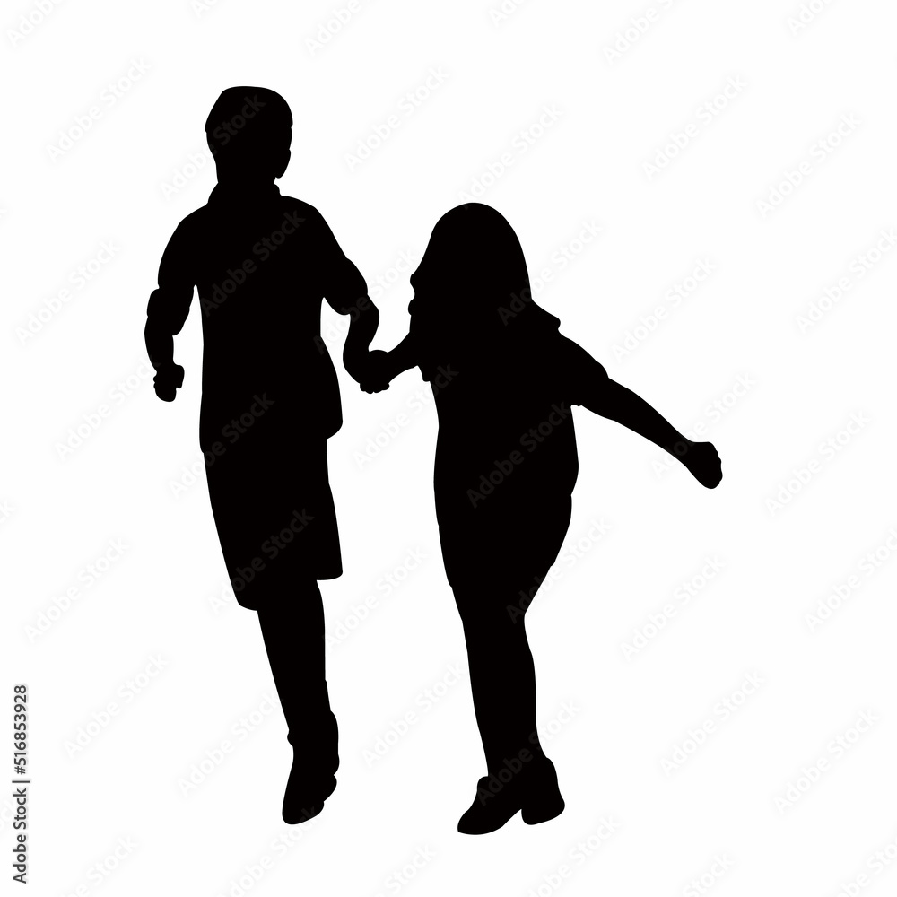 a boy and a girl runnig , hand in hand, silhouette vector