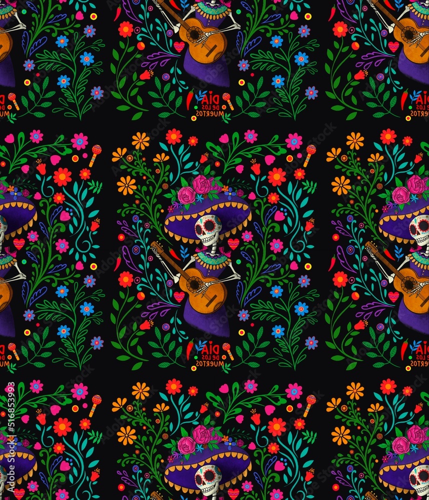 Dia de los muertos, Day of the dead, Mexican holiday, festival. Seemless pattern which skull in hat with feathers, flowers, isolated on dark black background.
