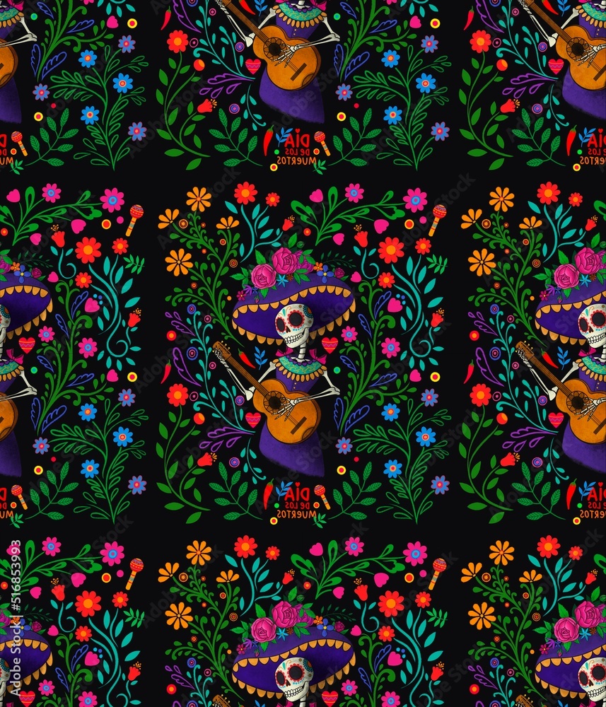 Dia de los muertos, Day of the dead, Mexican holiday, festival. Seemless pattern which skull in hat with feathers, flowers, isolated on dark black background. Dia de los muertos, Day of the dead, Mexican holiday, festival. Seemless pattern which skull in hat with feathers, flowers, isolated on dark black background.