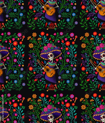 Dia de los muertos  Day of the dead  Mexican holiday  festival. Seemless pattern which skull in hat with feathers  flowers  isolated on dark black background.